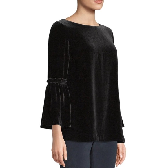 LAFAYETTE 148 Roslin Black Velvet Bell Sleeve Top Boatneck Blouse Holiday Medium - Picture 3 of 9